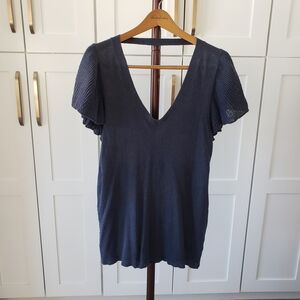 Frenchi Blouse Deep Blue Linen V-Neck Top